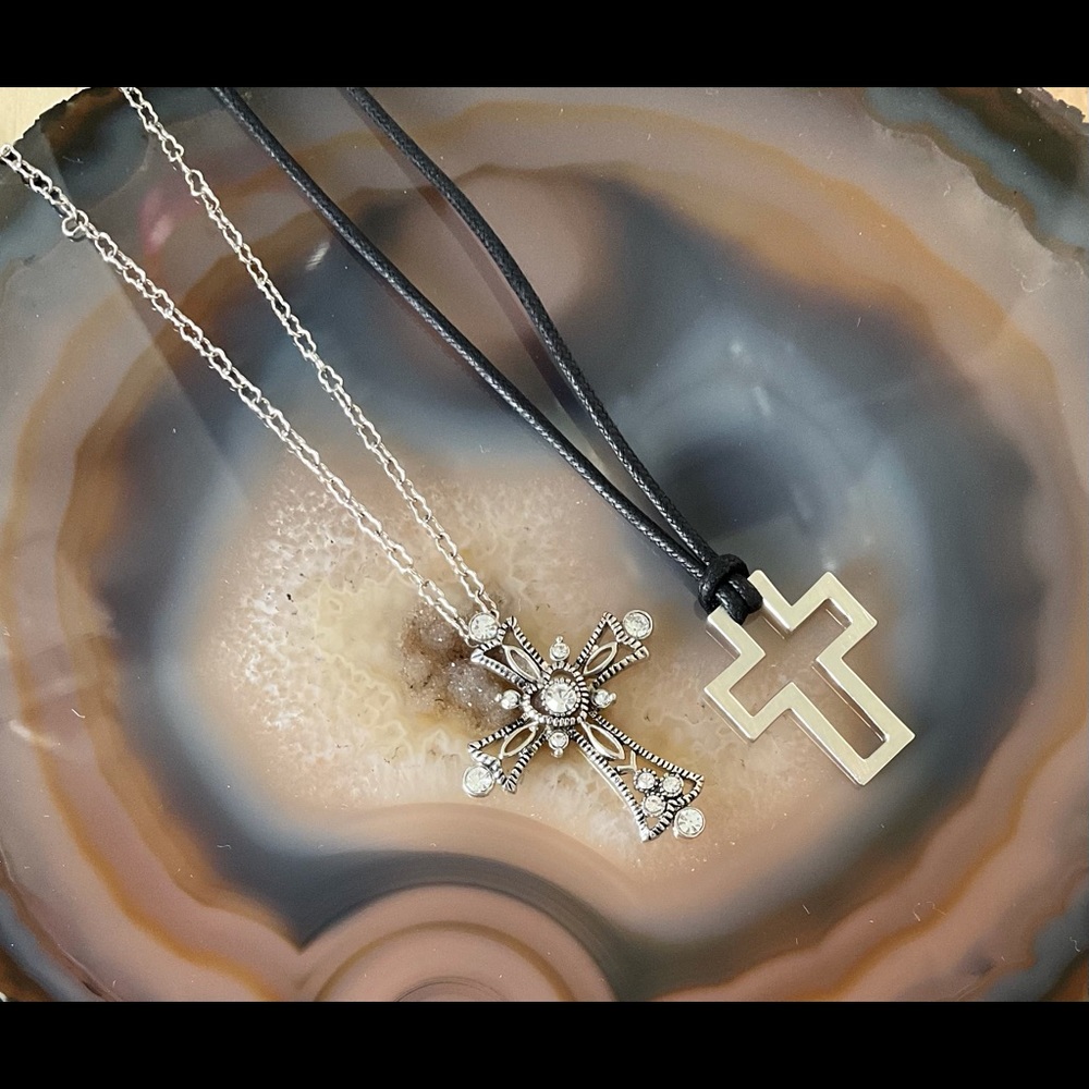 Cookie Lee crystal cross pendant necklace lot 2 black cord choker